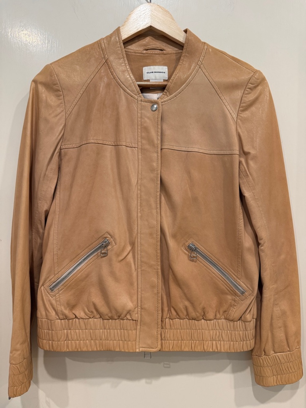 CLUB MONACO Beige Pink Lamb Leather Bomber Jacket sz M EUC